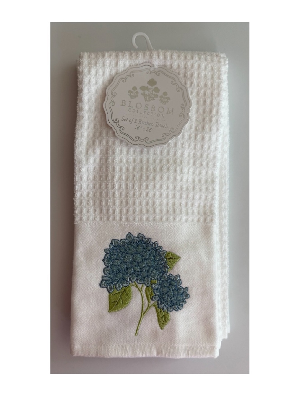De Blossom Collection White Towel with Blue Floral Embroidery